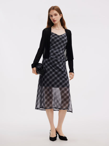 Plaid Adjustable Straps Slip Midi Dress And Cardigan Two-Piece Set