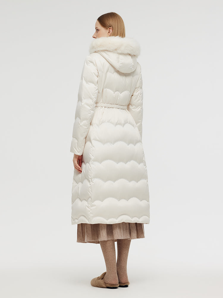 Belted Long Goose Down Coat With Detachable Faux Fur Hood