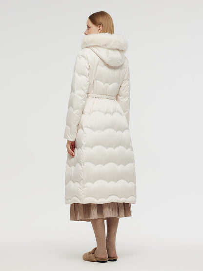 Belted Long Goose Down Coat With Detachable Faux Fur Hood