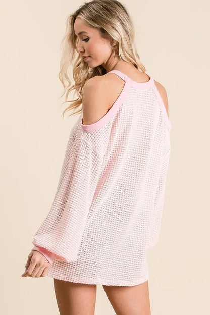 BiBi Popcorn Waffle Top with Cold Shoulder Detail