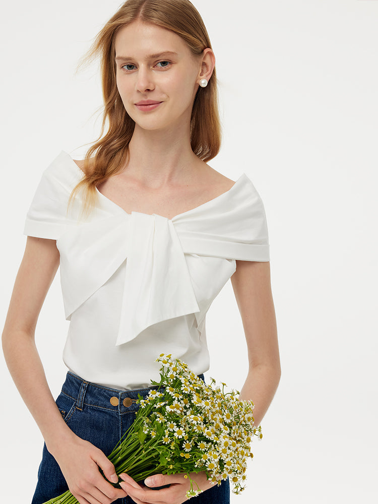 100% Cotton Stretch Off Shoulder Women Bow Top