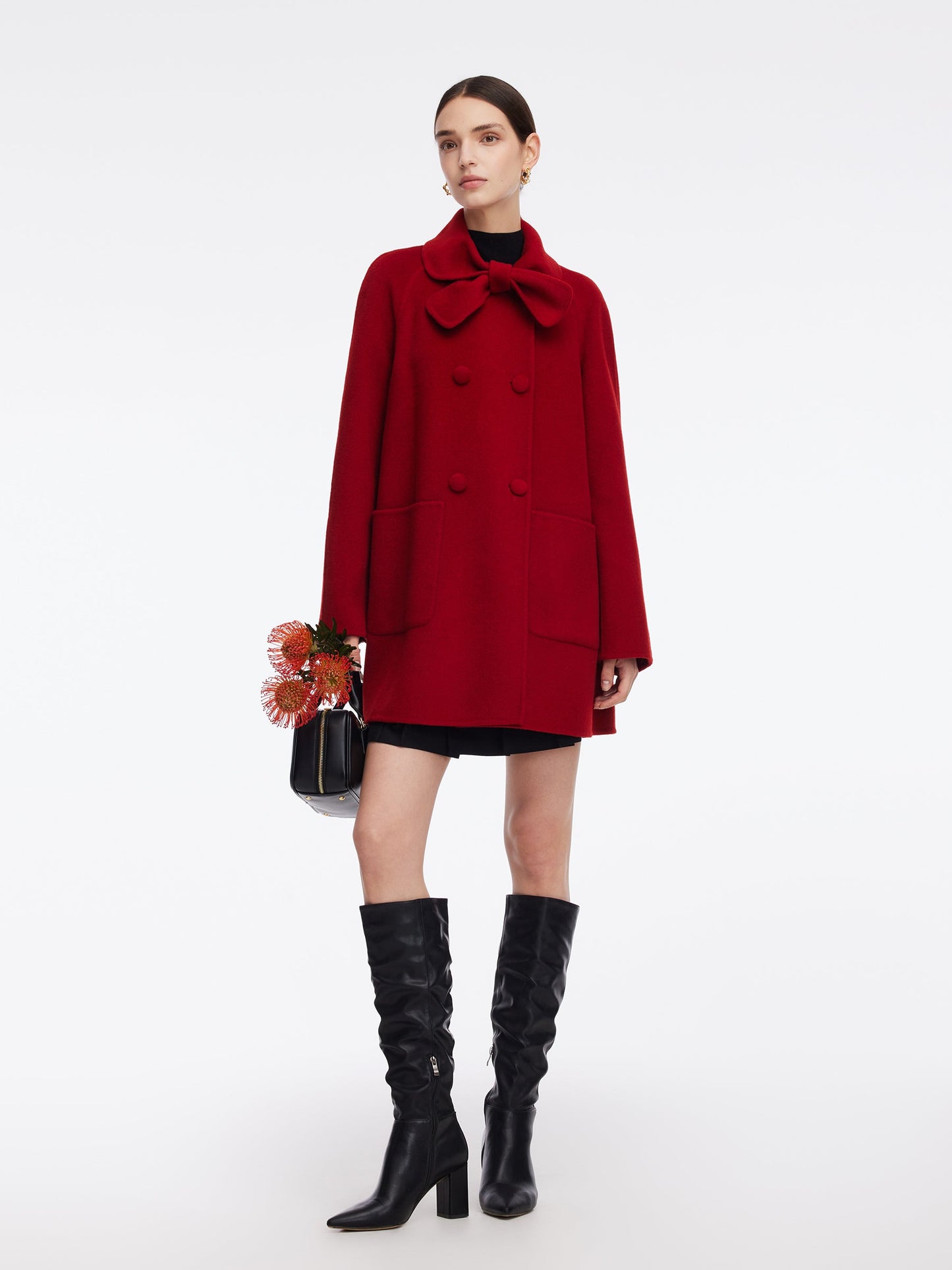 Tencel Wool Blend Double-Faced Women Coat With Detachable Collar