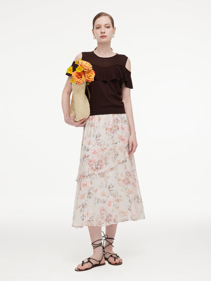 10MM Mulberry Silk Floral Print Women Tiered Skirt