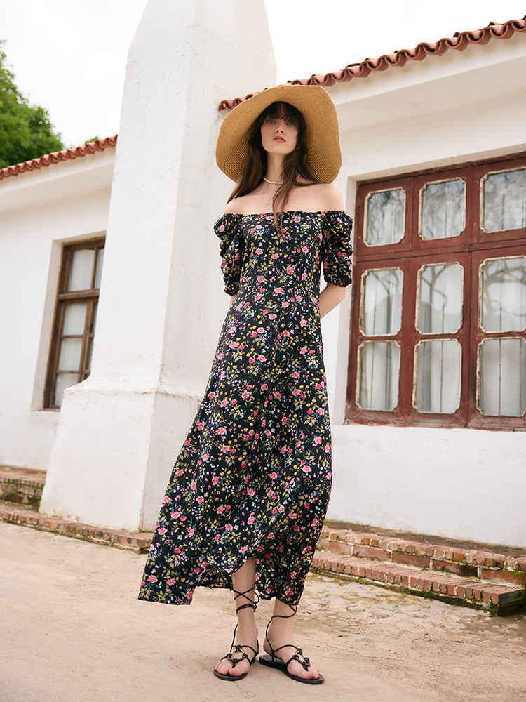 Mulberry Silk Rose Print Women Maxi Dress