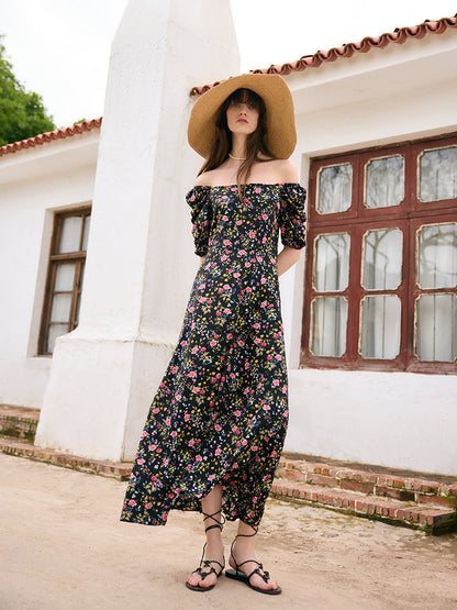 Mulberry Silk Rose Print Women Maxi Dress