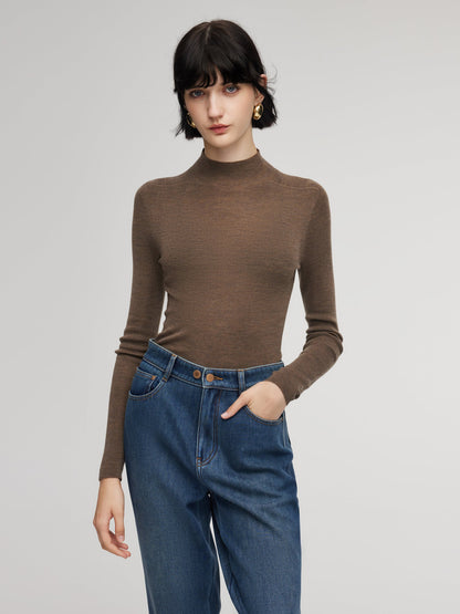 100% Wool Seamless Mock Neck Women Knit Top