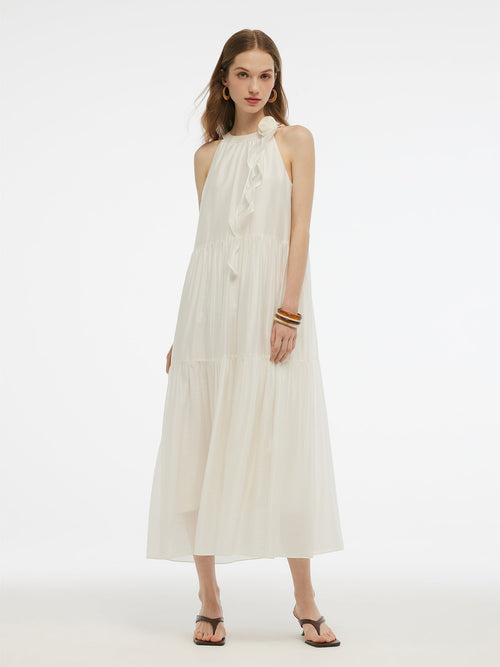 Tencel Blend Halter Maxi Dress With Detachable Flower