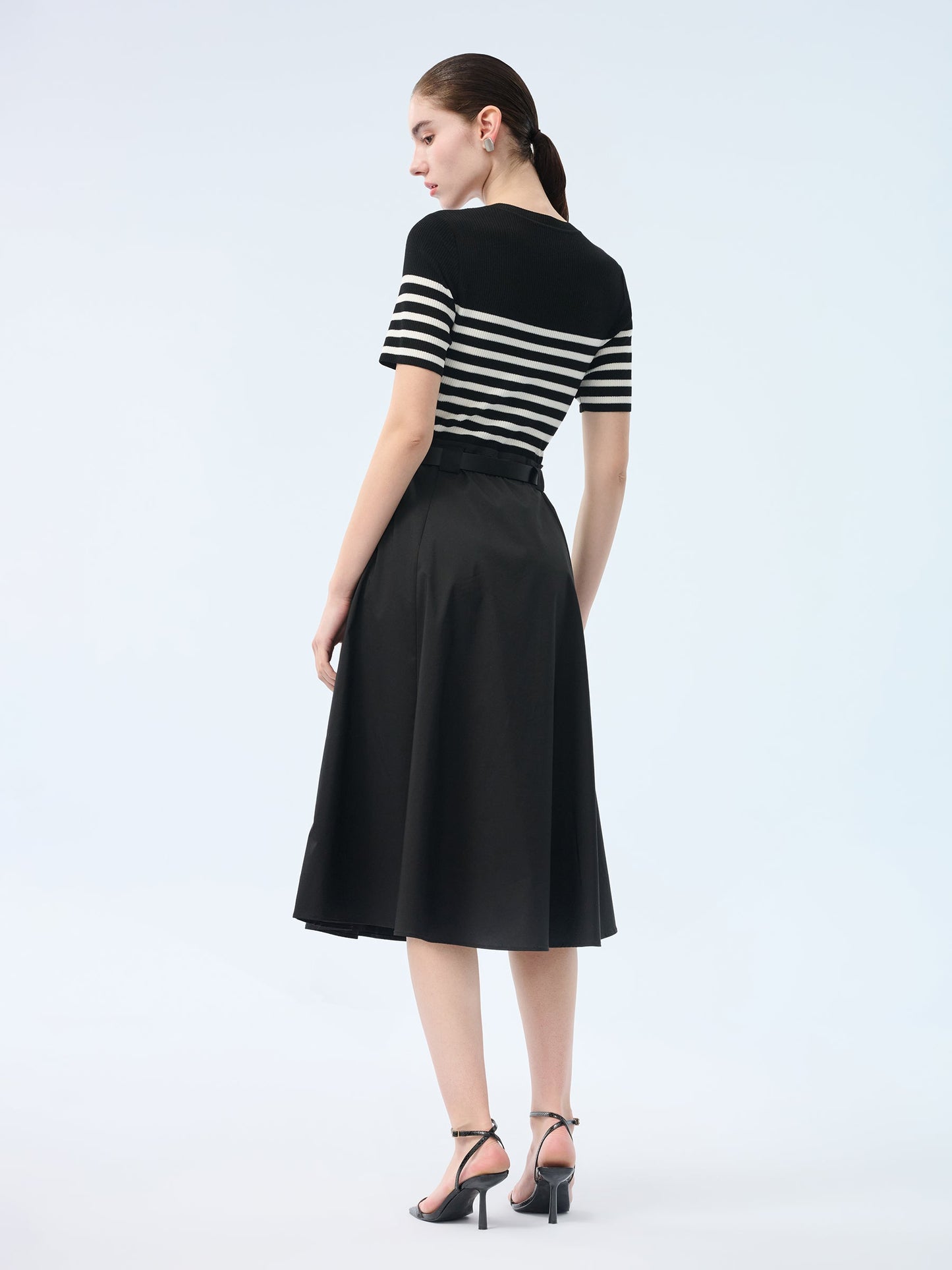 Lyocell Blend Stripe Patchwork Women Midi Dress With Belt