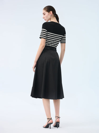 Lyocell Blend Stripe Patchwork Women Midi Dress With Belt
