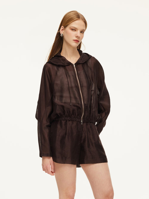 Tencel Linen Blend Women Sheer Hooded Jacket