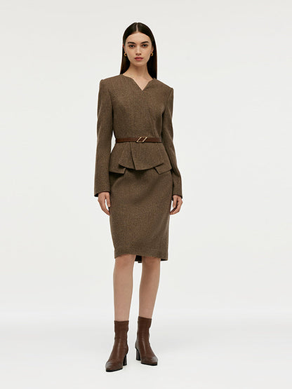 Washable Wool Faux-Layered Women Mini Dress With Belt