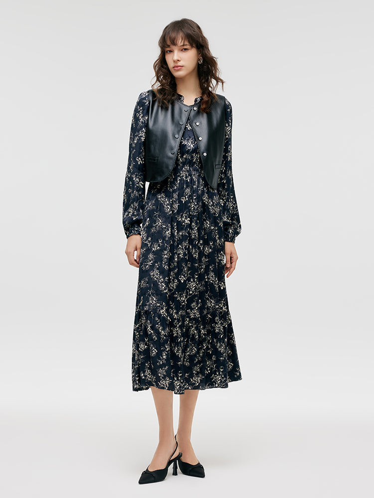 Eco-Friendly Fur Vest And Floral Print Dress Two-Piece Set