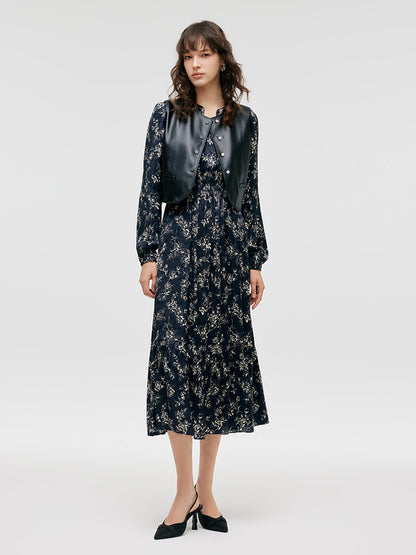 Eco-Friendly Fur Vest And Floral Print Dress Two-Piece Set