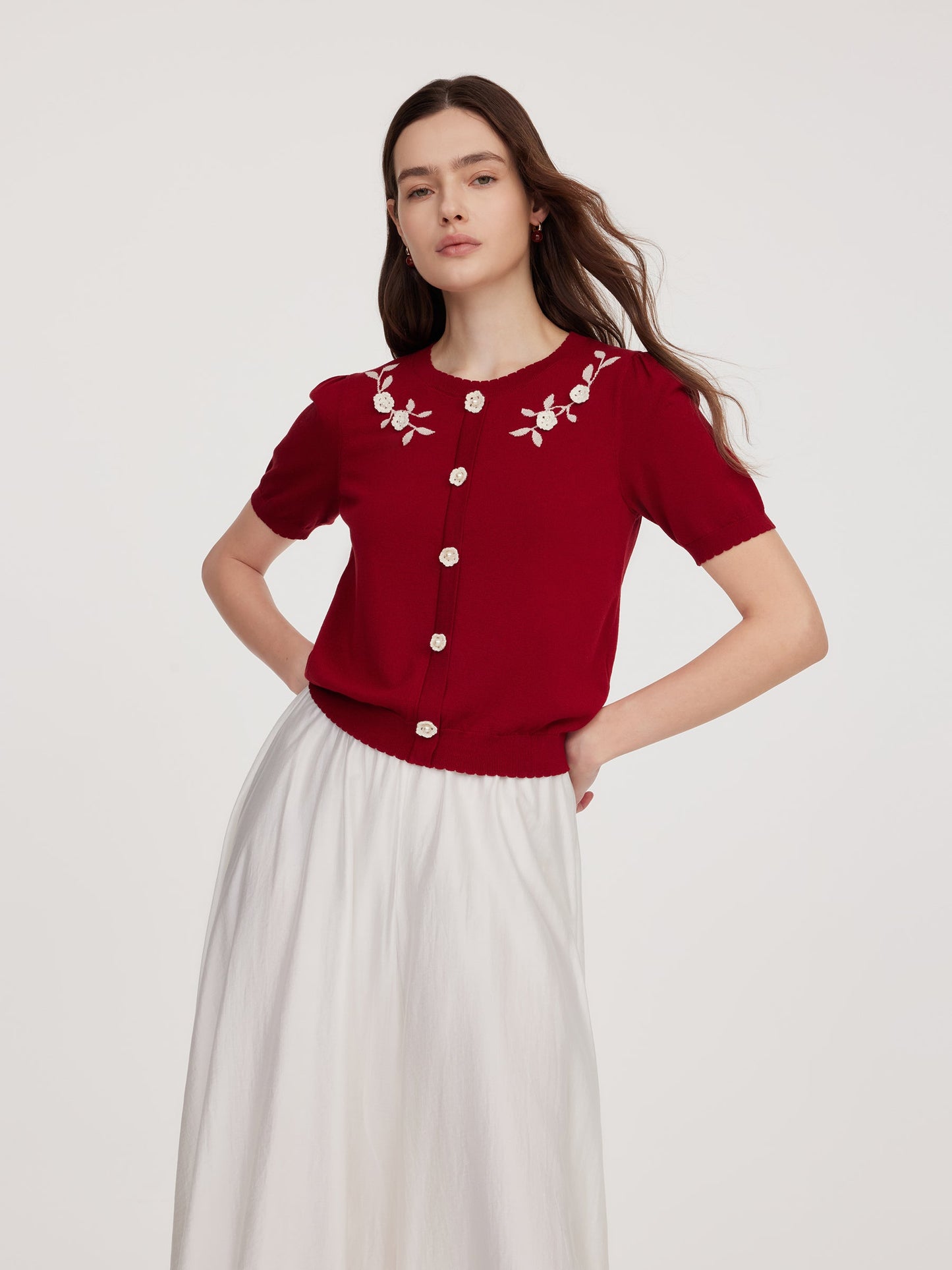 Lyocell Blend Jacquard Women Knit Top With Detachable Knit Flowers