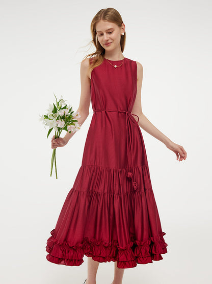 Tencel Ruffle Hem Women Tiered Vest Midi Dress With Slip Dress And Belt