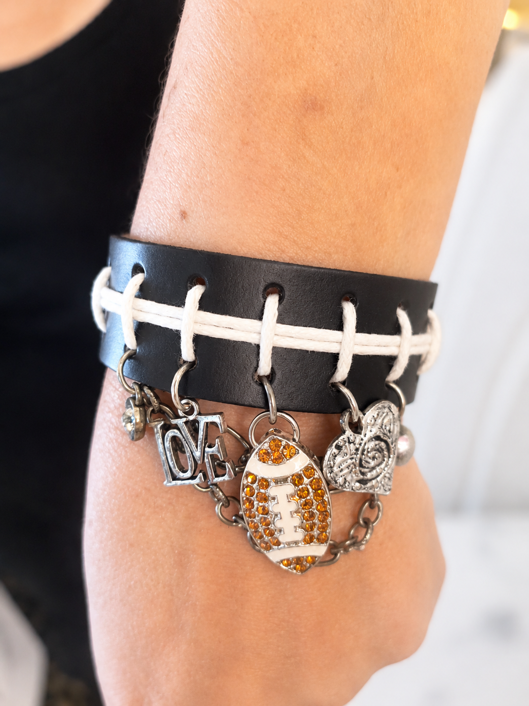 Football Charm Bracelet with Crystal Rhinestone Accents | Adjustable Game Day Jewelry