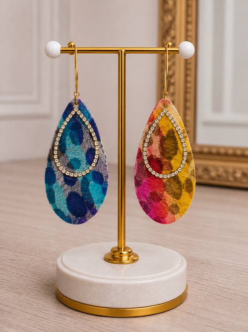 Rainbow Metallic Leopard Teardrop Earrings with Crystal Rhinestone Detail